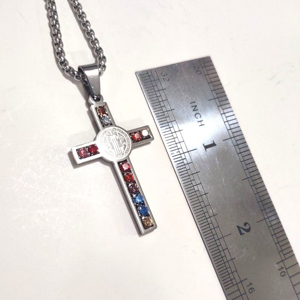 Silver Catholic Cross Necklace Jesus Gemstone Christian Christmas Birthday Gift